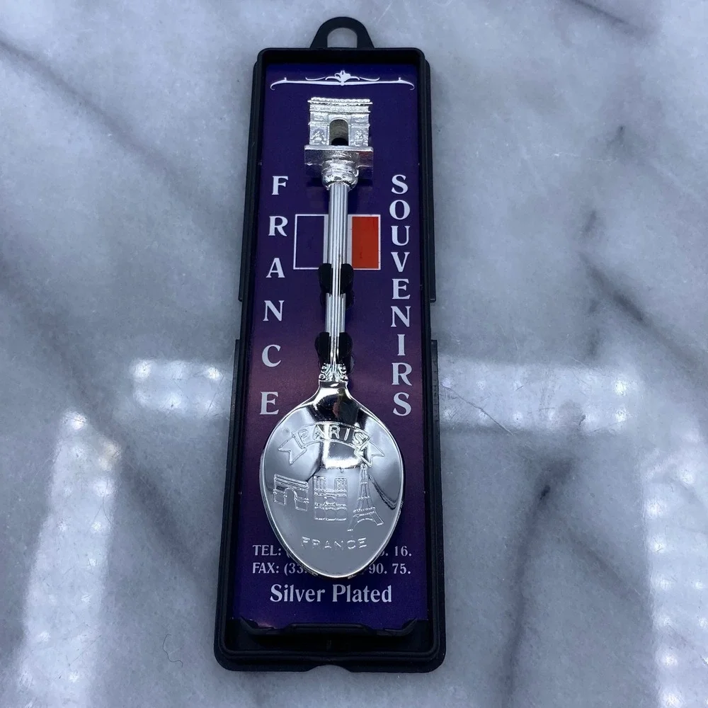 Paris France Souvenir Spoon Silver Plated Arc de Triomphe Eiffel w/Case Travel
